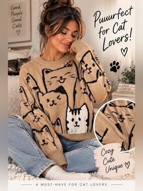 Cat Pattern Sweater - by Lizette Collection size L- it’s Puuurfect! Kitty appro